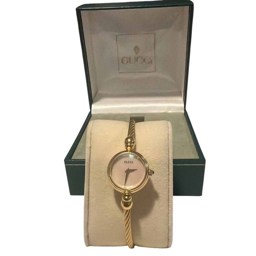 Gucci 2700.2.L Vintage Bangle Watch Pink Mother of Pearl Gold Tone Cable Box